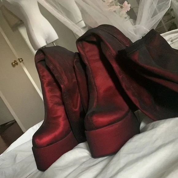 DollsKill Rare Know My Worth Platform Boots Current Mood Red Mesh Thigh High - Picture 5 of 10